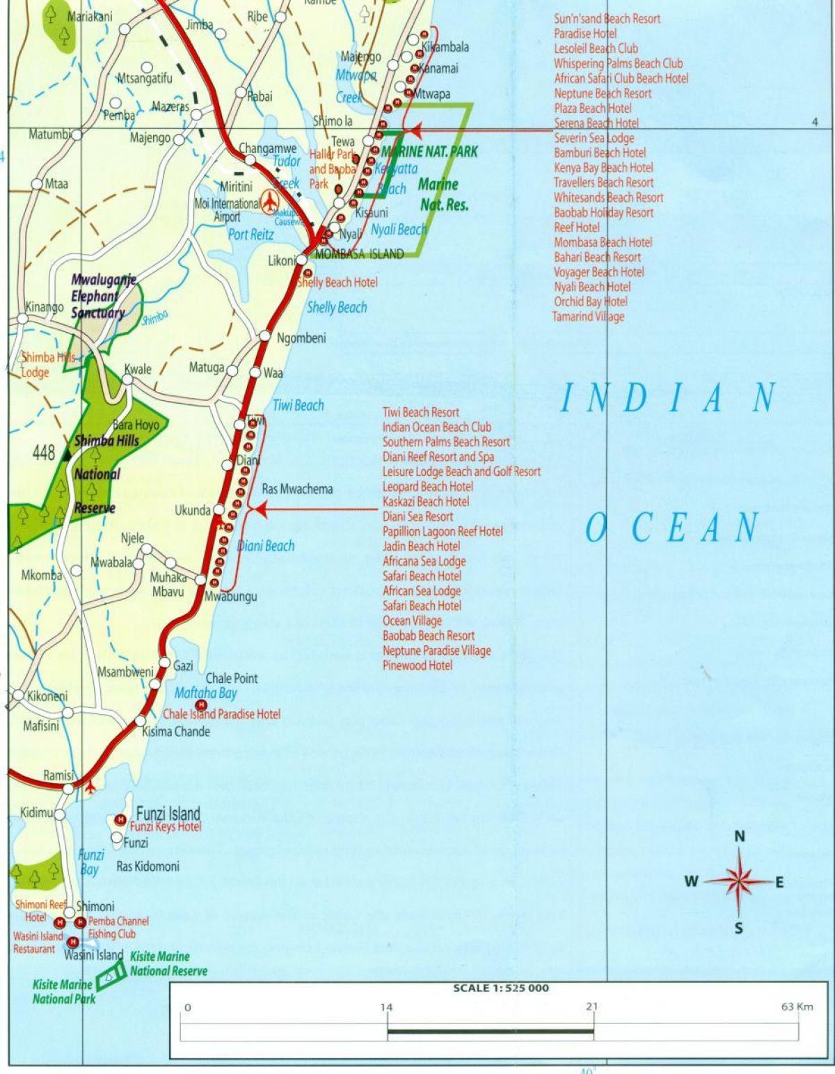 kaart van die Keniaanse kus