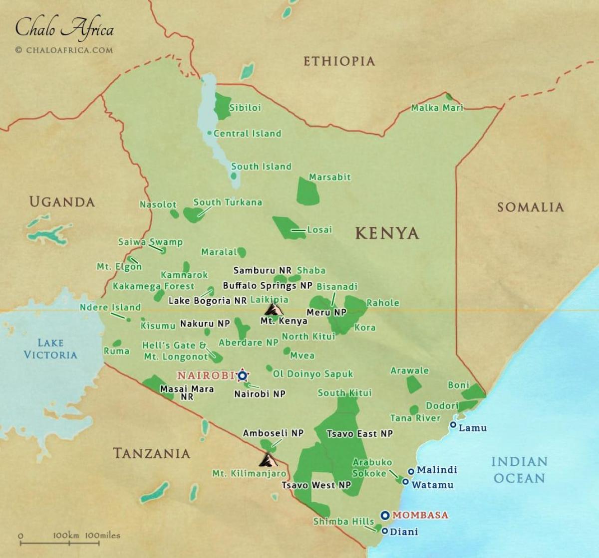 kaart van Kenia nasionale parke en reservate